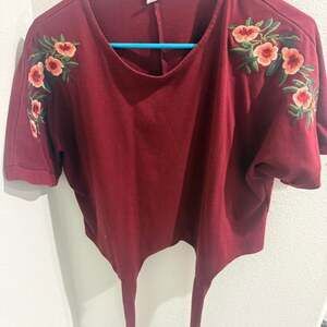 Burgundy Floral Embroidered Tie-Front Crop Top